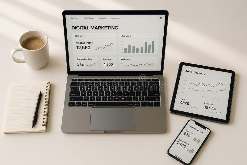 Laptop, surfplatta och mobil visar digital marknadsföringsstatistik