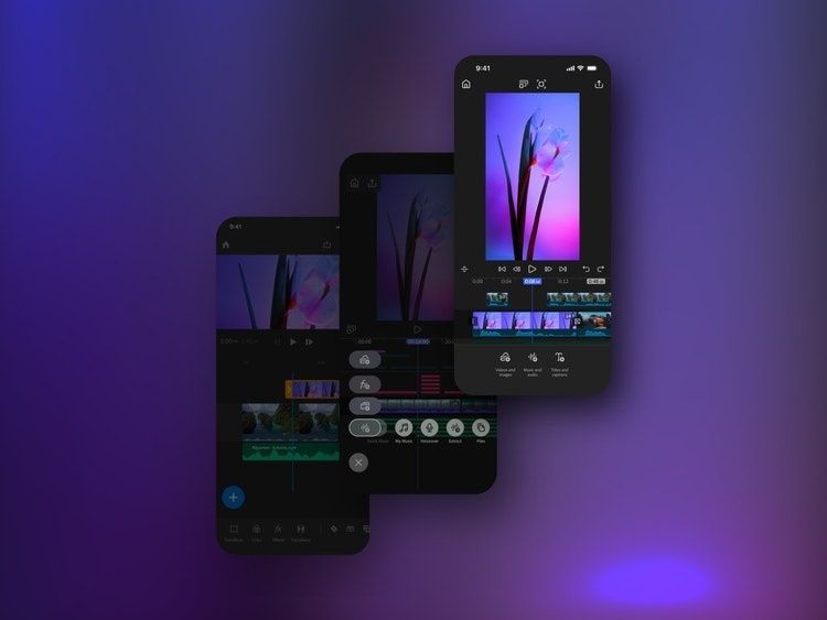 Tre smartphones visar videoredigering med tidslinjer och blomklipp